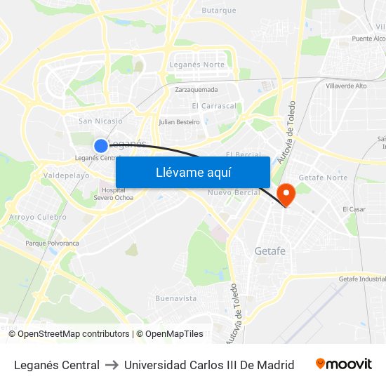 Leganés Central to Universidad Carlos III De Madrid map