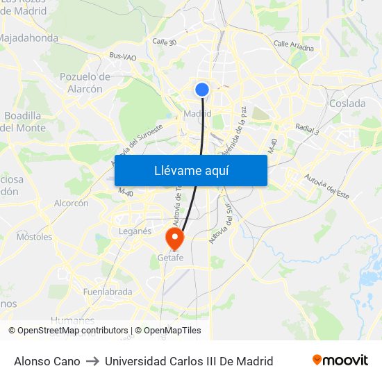 Alonso Cano to Universidad Carlos III De Madrid map
