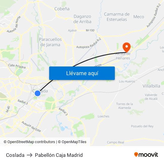 Coslada to Pabellón Caja Madrid map
