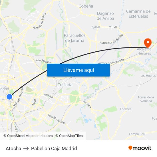 Atocha to Pabellón Caja Madrid map