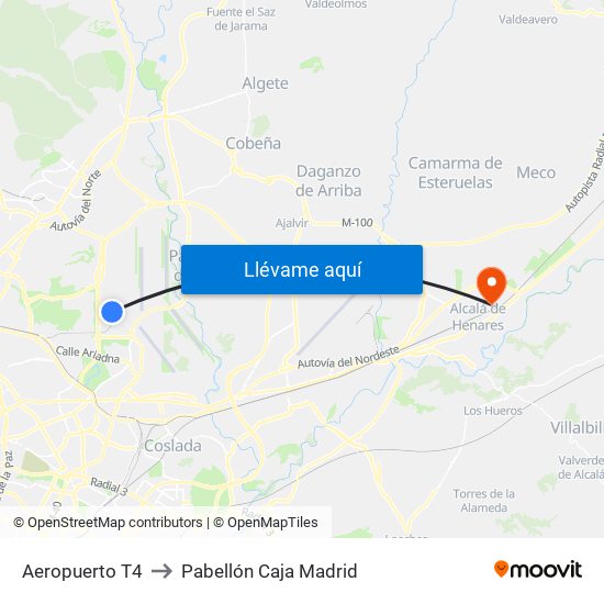 Aeropuerto T4 to Pabellón Caja Madrid map