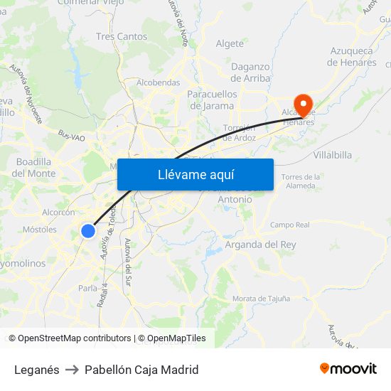 Leganés to Pabellón Caja Madrid map