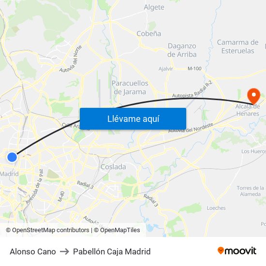 Alonso Cano to Pabellón Caja Madrid map