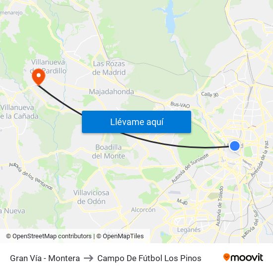 Gran Vía - Montera to Campo De Fútbol Los Pinos map