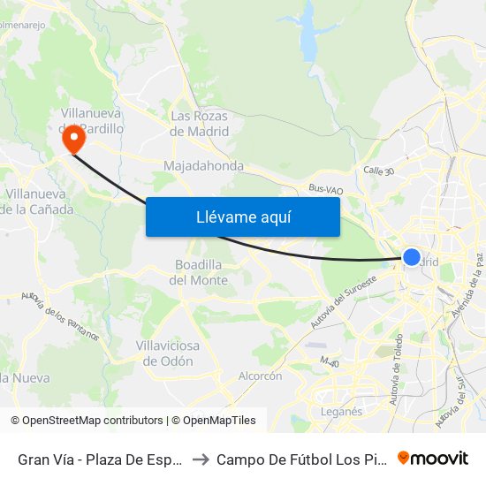 Gran Vía - Plaza De España to Campo De Fútbol Los Pinos map