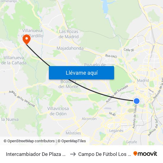 Intercambiador De Plaza Elíptica to Campo De Fútbol Los Pinos map