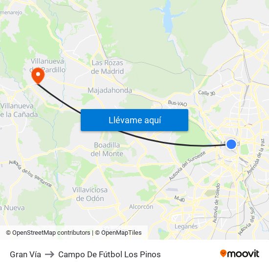 Gran Vía to Campo De Fútbol Los Pinos map