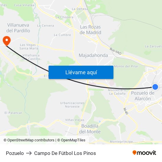 Pozuelo to Campo De Fútbol Los Pinos map