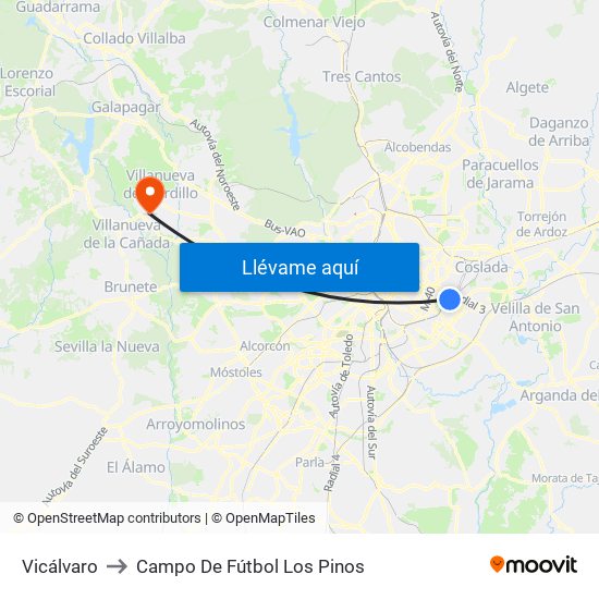 Vicálvaro to Campo De Fútbol Los Pinos map