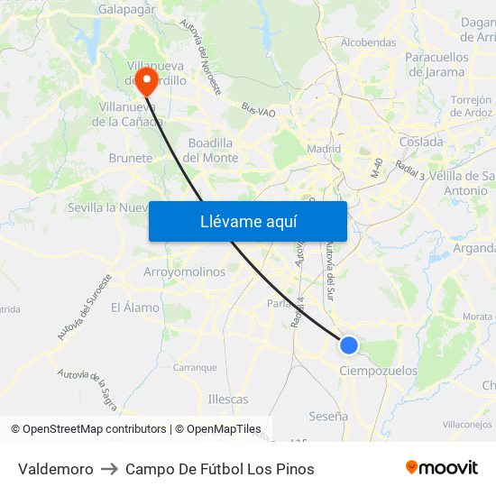 Valdemoro to Campo De Fútbol Los Pinos map