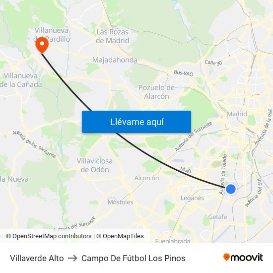 Villaverde Alto to Campo De Fútbol Los Pinos map