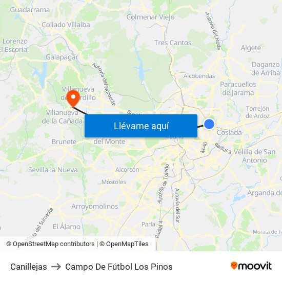 Canillejas to Campo De Fútbol Los Pinos map