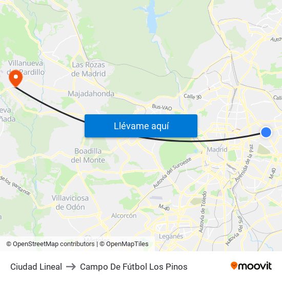 Ciudad Lineal to Campo De Fútbol Los Pinos map