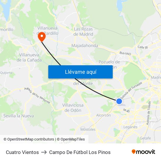 Cuatro Vientos to Campo De Fútbol Los Pinos map