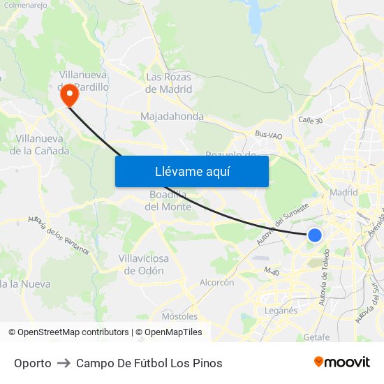 Oporto to Campo De Fútbol Los Pinos map