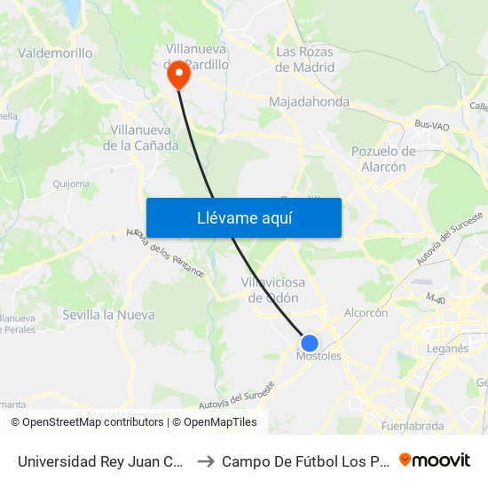 Universidad Rey Juan Carlos to Campo De Fútbol Los Pinos map