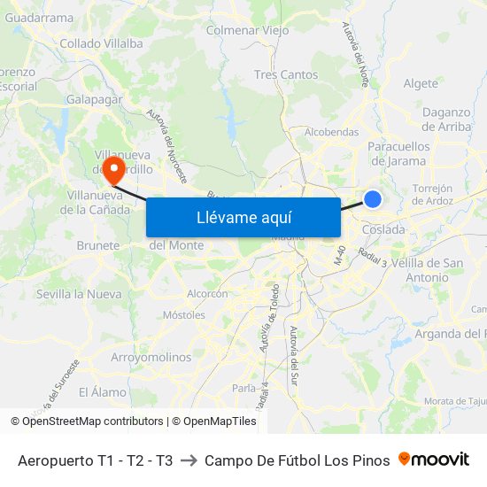 Aeropuerto T1 - T2 - T3 to Campo De Fútbol Los Pinos map