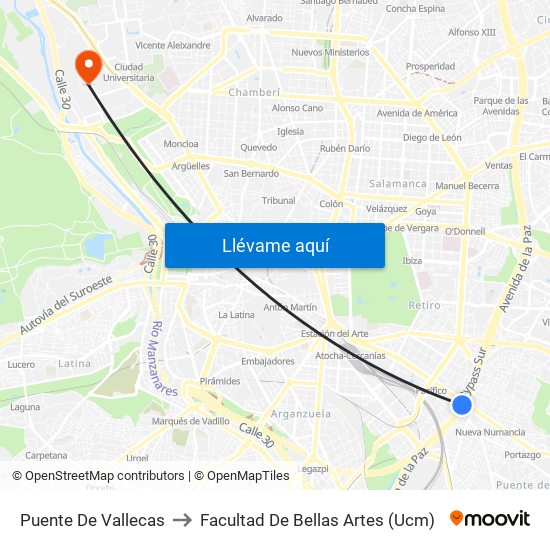 Puente De Vallecas to Facultad De Bellas Artes (Ucm) map