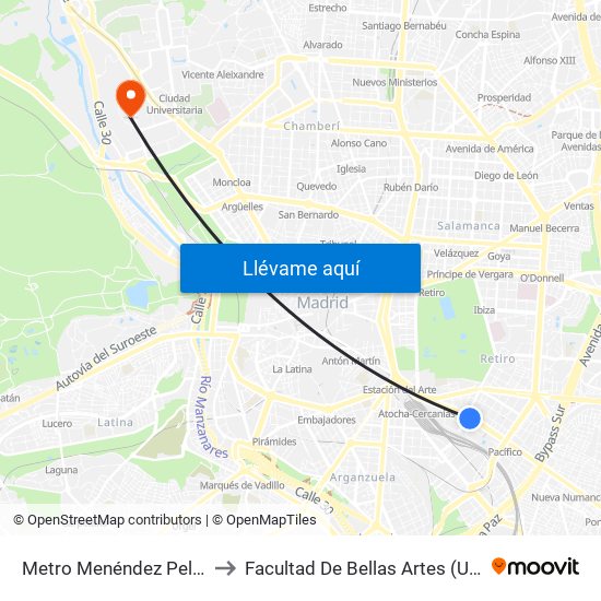 Metro Menéndez Pelayo to Facultad De Bellas Artes (Ucm) map