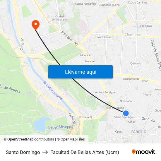 Santo Domingo to Facultad De Bellas Artes (Ucm) map
