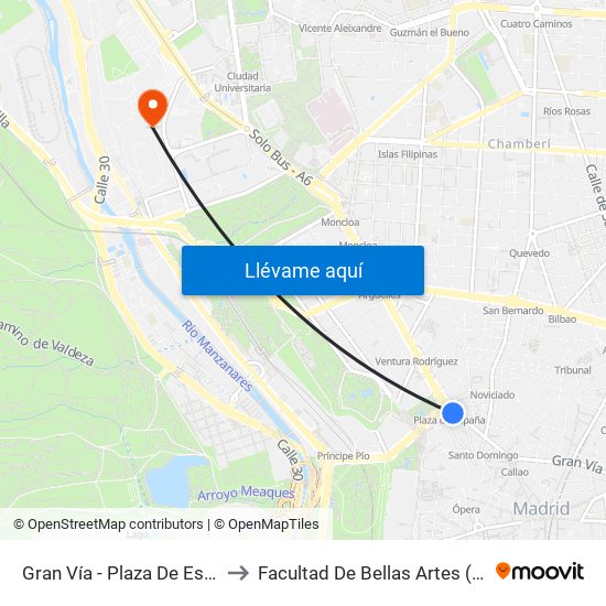 Gran Vía - Plaza De España to Facultad De Bellas Artes (Ucm) map