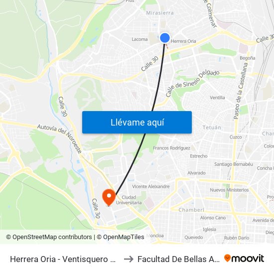 Herrera Oria - Ventisquero De La Condesa to Facultad De Bellas Artes (Ucm) map