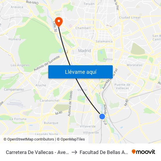 Carretera De Vallecas - Avenida Rosales to Facultad De Bellas Artes (Ucm) map