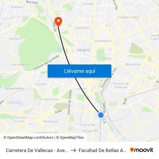 Carretera De Vallecas - Avenida Rosales to Facultad De Bellas Artes (Ucm) map