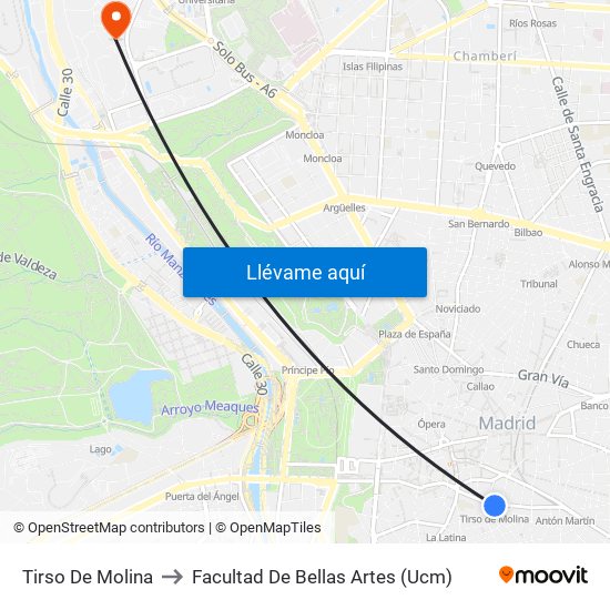 Tirso De Molina to Facultad De Bellas Artes (Ucm) map
