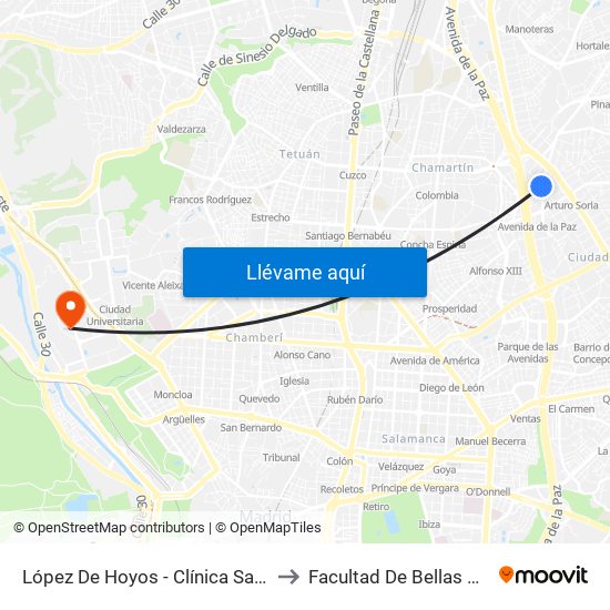 López De Hoyos - Clínica San Juan De Dios to Facultad De Bellas Artes (Ucm) map