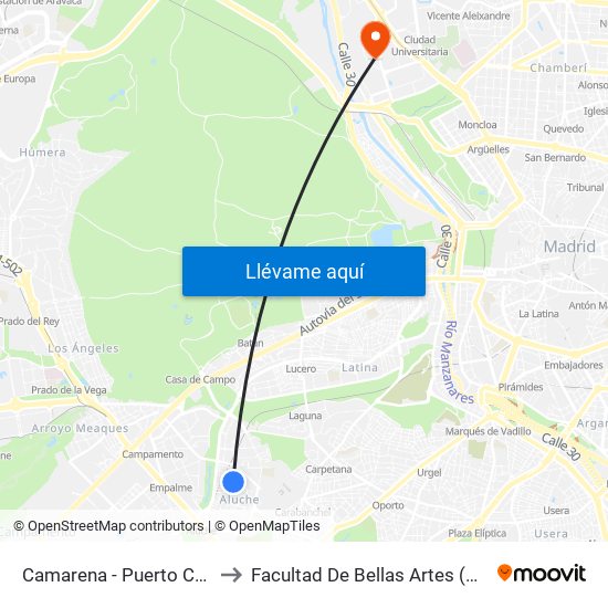 Camarena - Puerto Chico to Facultad De Bellas Artes (Ucm) map