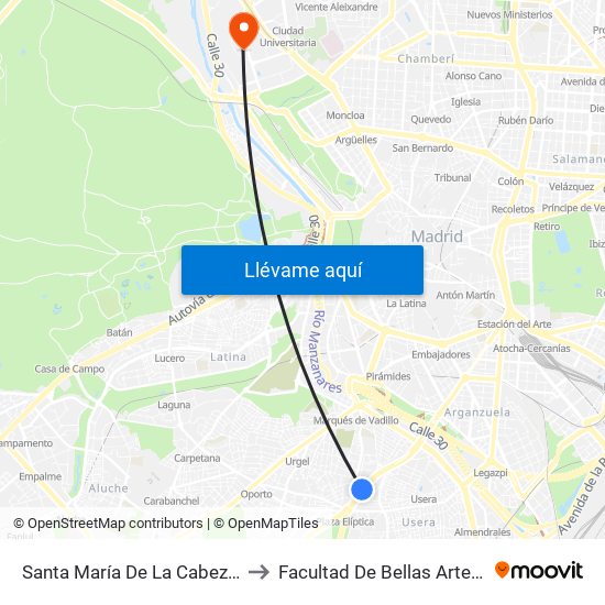 Santa María De La Cabeza - Zújar to Facultad De Bellas Artes (Ucm) map