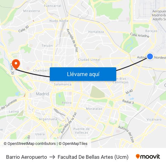 Barrio Aeropuerto to Facultad De Bellas Artes (Ucm) map