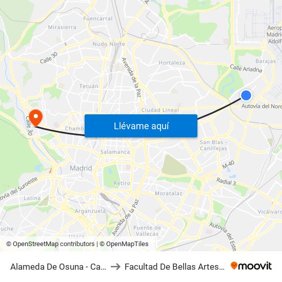 Alameda De Osuna - Carabela to Facultad De Bellas Artes (Ucm) map