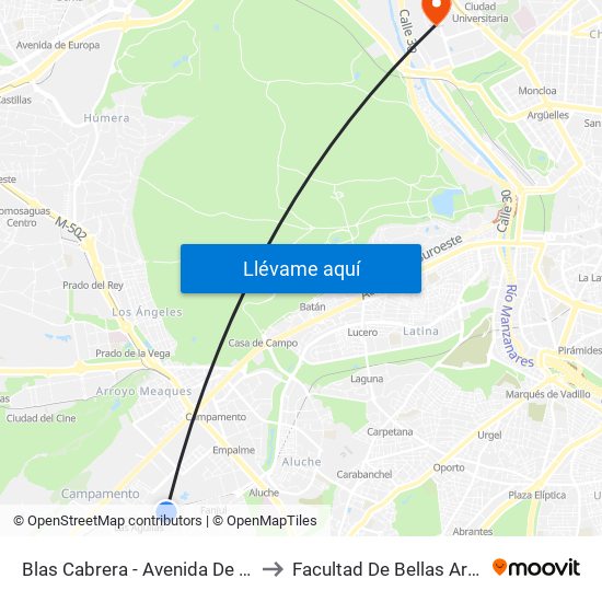Blas Cabrera - Avenida De Las Águilas to Facultad De Bellas Artes (Ucm) map