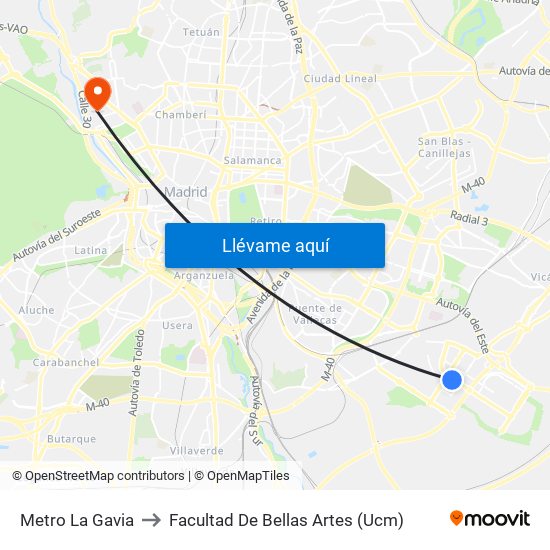 Metro La Gavia to Facultad De Bellas Artes (Ucm) map