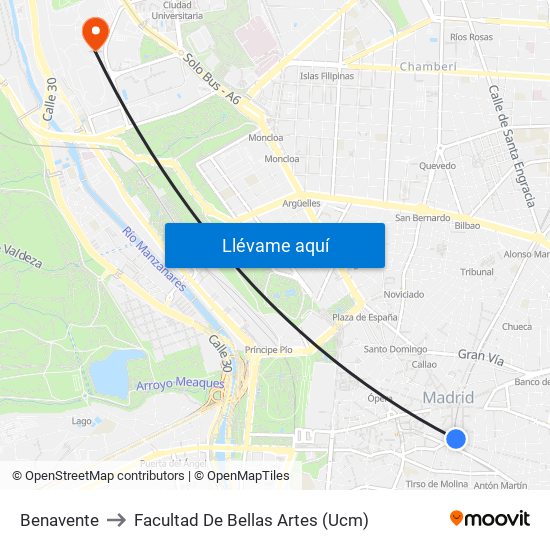 Benavente to Facultad De Bellas Artes (Ucm) map