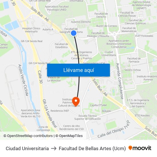 Ciudad Universitaria to Facultad De Bellas Artes (Ucm) map