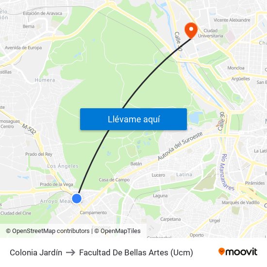 Colonia Jardín to Facultad De Bellas Artes (Ucm) map