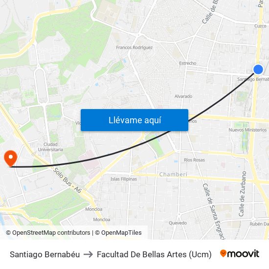 Santiago Bernabéu to Facultad De Bellas Artes (Ucm) map