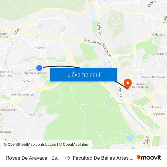 Rosas De Aravaca - Estación to Facultad De Bellas Artes (Ucm) map