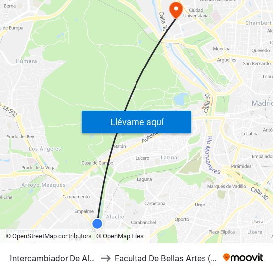 Intercambiador De Aluche to Facultad De Bellas Artes (Ucm) map