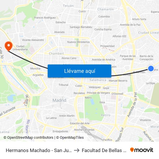 Hermanos Machado - San Juan De La Cuesta to Facultad De Bellas Artes (Ucm) map