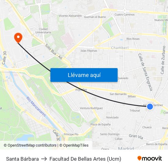 Santa Bárbara to Facultad De Bellas Artes (Ucm) map