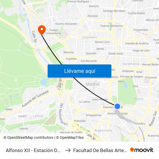 Alfonso XII - Estación De Atocha to Facultad De Bellas Artes (Ucm) map