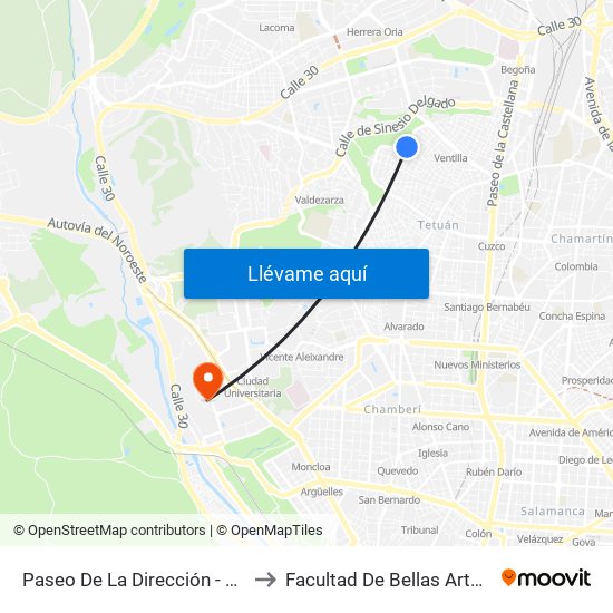 Paseo De La Dirección - Cantueso to Facultad De Bellas Artes (Ucm) map