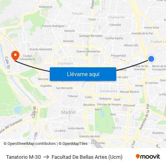 Tanatorio M-30 to Facultad De Bellas Artes (Ucm) map