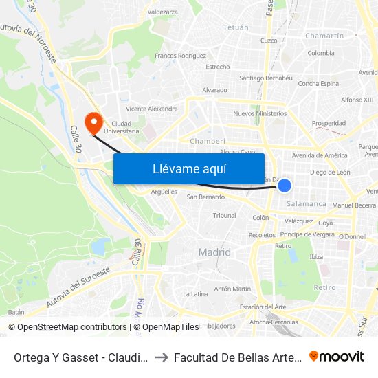 Ortega Y Gasset - Claudio Coello to Facultad De Bellas Artes (Ucm) map