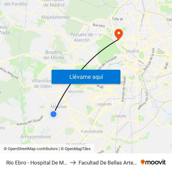 Río Ebro - Hospital De Móstoles to Facultad De Bellas Artes (Ucm) map