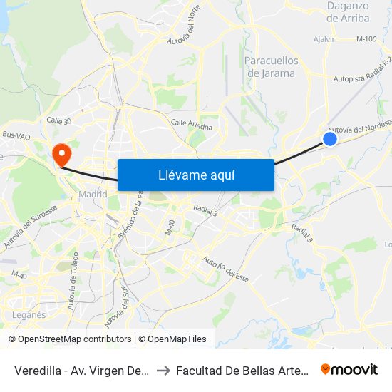 Veredilla - Av. Virgen De Loreto to Facultad De Bellas Artes (Ucm) map